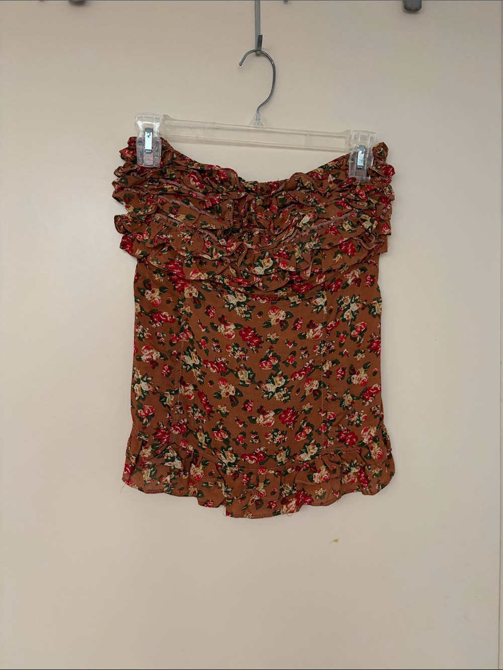 Floral Ruffle Strapless Tube Top in Rust Brown w/red/ivory/green! Smocked back!
